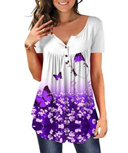 DEMO Tunika Damen Blumen Tops V Ausschnitt Kurzarm Knopfleiste Plissiert Bluse T Shirt Oberteil (Kurz-Lila Schmetterling, XL) von DEMO