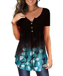 DEMO Tunika Damen Blumen Tops V Ausschnitt Kurzarm Knopfleiste Plissiert Bluse T Shirt Oberteil (Schwarz + Floral blau, XL) von DEMO