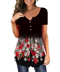 DEMO Tunika Damen Blumen Tops V Ausschnitt Kurzarm Knopfleiste Plissiert Bluse T Shirt Oberteil (Schwarz + Floral rot, L) von DEMO