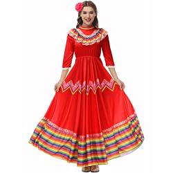 DENCTORAM Mexikanisches traditionelles Kleid Folklorico Tanzkleider Cinco De Mayo Kostüme Senorita Kleid für Damen, Rot/Ausflug, einfarbig (Getaway Solids), Groß von DENCTORAM