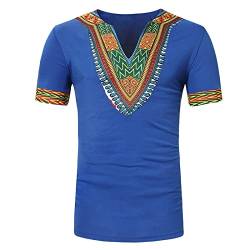 DENCTORAM Traditionelles afrikanisches Dashiki-Hemd für Herren, V-Ausschnitt, schmale Passform, Tribal-Blumenmuster, bedrucktes Top, Blau, Klein von DENCTORAM