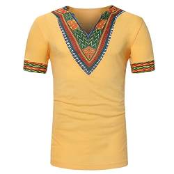 DENCTORAM Traditionelles afrikanisches Dashiki-Hemd für Herren, V-Ausschnitt, schmale Passform, Tribal Floral Printed Top Tee, gelb, Mittel von DENCTORAM