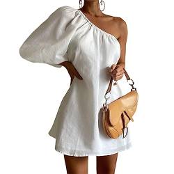 Damen Sexy One-Shoulder-Baumwollkleid lässiges Reise-Urlaubskleid Party Clubbing Strandkleider eleganter schicker Rock Kleid mit hoher Taille Boho Weiß M von DEOTSY
