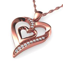DEPHINI Doppel Herz Anhänger Halskette | Roségold | Zirkonia | 925 Sterling Silber Herz Halskette | Frauen Schmuck | Geschenke für Frauen von DEPHINI