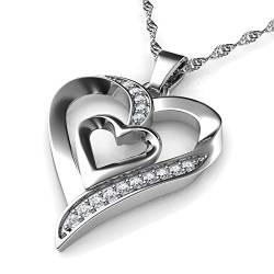 DEPHINI Doppel Herz Anhänger Halskette | Zirkonia | 925 Sterling Silber Herz Halskette | Frauen Schmuck | Geschenke für Frauen von DEPHINI