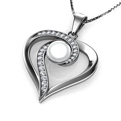 DEPHINI Elegante Perlenkette | 925 Sterling Silber Herzkette | Zirkonia | Damenschmuck | Geschenke für Frauen von DEPHINI