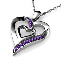 DEPHINI - Herz-Halskette – 925 Sterling Silber – Doppel Liebe Herz Anhänger – Lila CZ Kristalle – feiner Schmuck Damen Halskette von DEPHINI