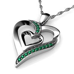 DEPHINI - Herz-Halskette – 925 Sterling Silber – Doppel Liebe Herz Anhänger – grüne CZ Kristalle – feiner Schmuck Damen Halskette von DEPHINI