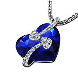 DEPHINI - Herz Halskette - Schöne Love Herz Anhänger mit kleinen Cubic Zirkonia und 925 Sterling Silber 45,7 cm Kette, Blau SW Kristall - Geschenk für Frauen, Mädchen, Lad von DEPHINI
