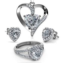 DEPHINI - LuxuriöseSchmuckset - Damen Herzkette Ohrringe & Ring - 925 Sterling Silber - Cubic Zirkonia von DEPHINI