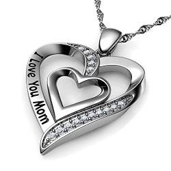 DEPHINI - Mom-Halskette – 925 Sterling Silber – I Love You Mom – Herz-Mum-Anhänger mit Zirkonia-Kristallen – feiner Schmuck Muttertag Halskette von DEPHINI
