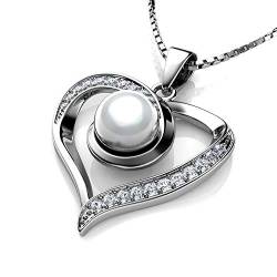 DEPHINI Perle Halskette Herz Anhänger - Zirkonia Kristall - 925 Sterlingsilber, rhodiniert 45 cm lange Kette von DEPHINI