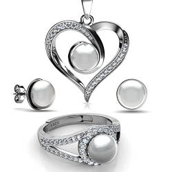DEPHINI - Perle Schmuckset - Herz Halskette Ohrringe & Ring - 925 Sterling Silber - Cubic Zirkonia von DEPHINI