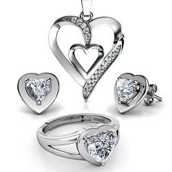 DEPHINI - Schmuckset - Herzkette Ohrringe & Ring - 925 Sterling Silber - Cubic Zirkonia- Damen Schmuck von DEPHINI