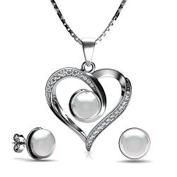 Dephini Set aus Perlenkette und Perlen-Ohrringen aus 925er Sterlingsilber, echte Perlen-Ohrringe & Perlen-Anhänger, feines Schmuckset für Frauen, 45 cm, rhodiniert, Geschenke für Frauen von DEPHINI
