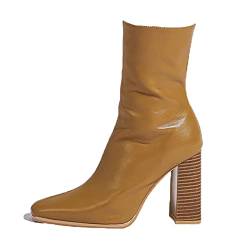 DESHVA Retro Damen Stiefel Klassische Einfarbig Seitlicher Reißverschluss Hochwertige Comfort Stiefel (Absatz 10cm),Braun,38 EU von DESHVA