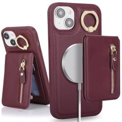 DEYHU iPhone 15 Hülle mit Kartenhalter, iPhone 15 Handyhülle für Damen, Magsafe, kompatible Brieftasche, abnehmbare 2-in-1 für Herren, Rotwein von DEYHU