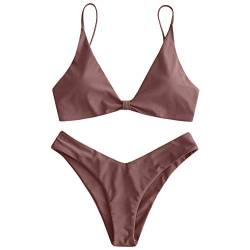 ZAFUL Bikini-Set für Damen, solider V-Ausschnitt, Knoten, vorne, Push-Up, hohes Bein, zweiteiliger Badeanzug, 1 - Kaffeebraun, Medium von DEZZAL