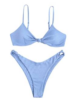 ZAFUL Bikini-Set für Damen, solider V-Ausschnitt, Knoten, vorne, Push-Up, hohes Bein, zweiteiliger Badeanzug, 2-hellblau, Medium von DEZZAL