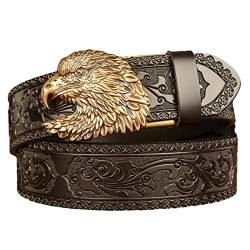 DFGGE Herren Ratsche Gürtel Echtleder Ledergürtel Gold Western Fliegender Adler Autoamtic Schnalle Verstellbare Abnehmbar Unisex Arbeitsgürtel Mit Geprägtem Ornament Muster,Schwarz,130cm/waist:44"~46" von DFGGE