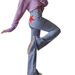 Damen mittlere Taille gerade Flare Jeans Star Patchwork Slim Fit Casual Glockenboden Hose,Blau,L von DFGHN