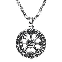 DFWY Nordische Wikinger Kompass Vegvisir Magic Rune Anhänger Halskette, Herren Edelstahl Odin Symbol Valknut Halsketten, Vintage Charm Pagan Amulett Schutz Schmuck (Color : Silver) von DFWY