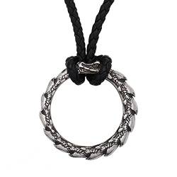 Herren Wikinger Drache Ouroboros Anhänger Halskette, Nordischer Mythos Edelstahl Keltischer Drache Tier Amulett, Mode Vintage Damen Pullover Schlüsselbein Kette Schmuck (Color : Silver) von DFWY