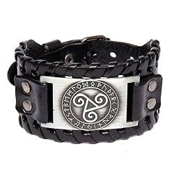 Nordische Runen Triskel Symbol Wikinger Lederarmband, Damen Herren Leder Manschette Armreif Amulett, Verstellbare Schnalle Breites Leder Geflochtenes Seil Armband Schmuck (Color : Silver) von DFWY