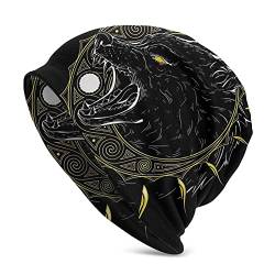 Viking Celtic Wolf Tattoo Beanie-Mütze for Herren, Nordischer Mythos Odin Fenrir 3D Gedruckte Dünne Mütze Slouchy Cap, Outdoor Adult Fashion Vintage Double Layer Protection Headwraps von DFWY