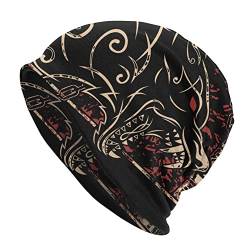 Viking Celtic Wolf Tattoo Beanie-Mütze for Herren, Nordischer Mythos Odin Fenrir 3D Gedruckte Dünne Mütze Slouchy Cap, Outdoor Adult Fashion Vintage Double Layer Protection Headwraps von DFWY