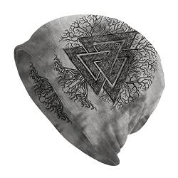 Wikinger Odin Symbol Tattoo Beanie Mütze for Herren, Nordischer Mythos 3D Gedruckte Dünne Mütze Strumpfkappe Headwraps, Fashion Gothic Vintage Double Layer Slouchy Cap von DFWY