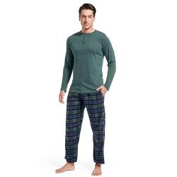 DG Hill (2 Stück) Fleece Leichtes Herren Pyjama Set Plaid Loungewear PJs Langarm Henley Shirt mit Pyjamahose, Blue Green Plaid, L von DG Hill