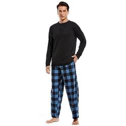 DG Hill Herren-Pyjamahose – 2er-Pack Pyjamahose und langärmeliges Hemd – Fleece-Schlafanzug, Flanell, kariert, passende Schlafhose, Blau kariert, L von DG Hill