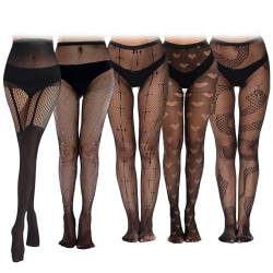 Netzstrumpfhose Schwarz 5 Stück Halterlose Strümpfe Kniestrümpfe Damen Sexy Strumpfhosen Damen Muster Set, Gothic Strumpfhose mit Unterschiedlichen Mustern, Netzstrumpfhose Glitzer Schlangen von DGUSO