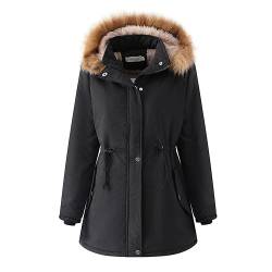 DGZTWLL Damen Plüsch Winter Parka Mäntel, Kunstpelz Kragen Kapuze Warme Fuzzy Sherpa Jacken Verdicken Flauschigen Mantel Outwear Taschen Damen Regenmantel Mode 2023, Schwarz , 48 von DGZTWLL