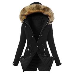 DGZTWLL Damen Winter Verdicken Parka Mantel, Kunstpelz Kapuze Winddicht Warm Gesteppt Puffer Mäntel Thermische Flauschige Outwear Taschen Damen Regenjacke Mit Kapuze, Schwarz , 46 von DGZTWLL