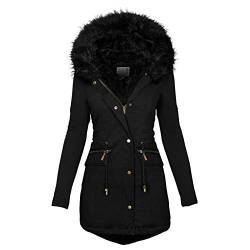 DGZTWLL Damen Winter Verdicken Parka Mantel, Kunstpelz Trim Kapuze Winddicht Warm Fleece Gefüttert Sherpa Jacken Gepolsterte Outwear Tasche Damen Winterjacke, Schwarz , 36 von DGZTWLL