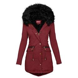 DGZTWLL Damen Winter Verdicken Parka Mantel, Kunstpelz Trim Kapuze Winddicht Warm Fleece Gefüttert Sherpa Jacken Gepolsterte Outwear Tasche Damen Winterjacke, wein, 50 von DGZTWLL