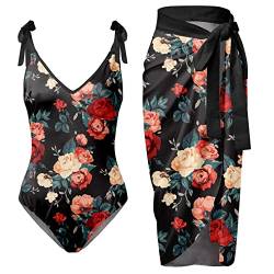 DGZTWLL Einteiliger Damen-Badeanzug mit passenden Cover-Ups, sexy Bauchkontrolle, Vintage-Monokini, verstellbarer Riemen, Aloha-Strand-Badeanzug, B-schwarz, 48 von DGZTWLL