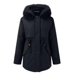 DGZTWLL Frauen Fleece Gefüttert Parka Jacke, Plus Größe Mode Horn Knopf Warme Wintermäntel Mittelgewicht Mantel Outwear Tasche Regen Mäntel Für Frauen, Schwarz , 50 von DGZTWLL