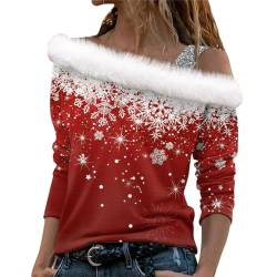 DGZTWLL Weihnachten Sweatshirts für Damen 2023 Elegant Langarm Urlaub Party Shirt Santa Brief Drucken Pullover Sweater Tops Frauen Weihnachten Brief Gedruckt Sweatshirt, Wassermelone Rot, 50 von DGZTWLL