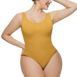 Shapewear Damen Bodysuit Bauchweg Shaping Body Bauchweg Figurformender Tanga Shaper mit Verstellbare Schultergurte und Anti-Pinch-Design an Hüfte(Gelb Tanga,2XL) von DHASIUE