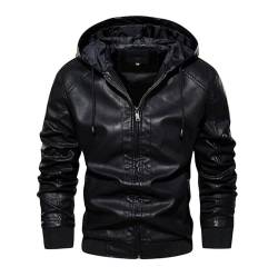 DHDHWL Casual Mit Kapuze Leder Jacke Männer Herbst Motorrad Pu Leder Jacken Winddicht Windjacke Zipper Mode Mantel (Color : Schwarz, Size : M) von DHDHWL