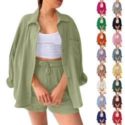 Musselin Bluse Damen Oversized Langarm Trachtenblusen Zweiteiler Damen Leinen Bluse Einfrabige Leinenblusen Blusenshirt Loungewear Damen Set Trachtenbluse Button Down Shirt(2-Light Green,M) von DHYUEN