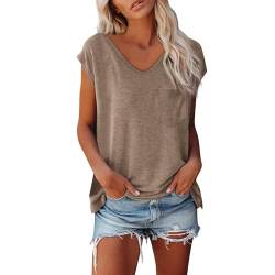 Schwarze Tshirt Damen Bunt Tshirt V Ausschnitt Damen Damen Shirt Kurzarm Flügelärmel Tshirt Damen Lang Vintage Bluse Damen Shirt Rosa Damen Blusenshirt Damen 3/4 Arm Shirt Weiss Damen（1-Khaki，L） von DHYUEN