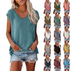 Tshirt Damen Basic Ärmellos Shirt Damen T Shirt Damen Schwarz Texturiert Damen Shirt T Shirt Damen Grosse Grössen Shirt Weiß Basic Damen Tshirt V Ausschnitt Damen Damen Tshirt Sommer（1-Sky Blue，L） von DHYUEN