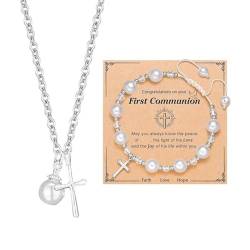 DHliIQQ Kreuz-Perlenarmband und Halskette, Geschenk zur Erstkommunion, Taufgeschenk, Kreuz-Halskette mit Nachrichtenkarte, verstellbarer Glaubensschmuck, Geschenk für christliche Weihnachten, von DHliIQQ