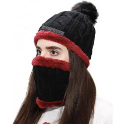 DI ROSA Winter Mütze Schal Frauen Schwarz Bordeaux Rot | Bommelmütze Damen | Warm Weich Wolleschal Beanie von DI ROSA