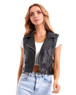 DIASHINY Kurze Kunstlederweste für Damen Slim Revers Ärmellos Biker Slim Fit PU Ärmellose Lederjacke Motorradweste 046 XL von DIASHINY