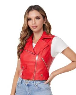 DIASHINY Kurze Kunstlederweste für Damen Slim Revers Ärmellos Biker Slim Fit PU Ärmellose Lederjacke Motorradweste Rote 046 L von DIASHINY